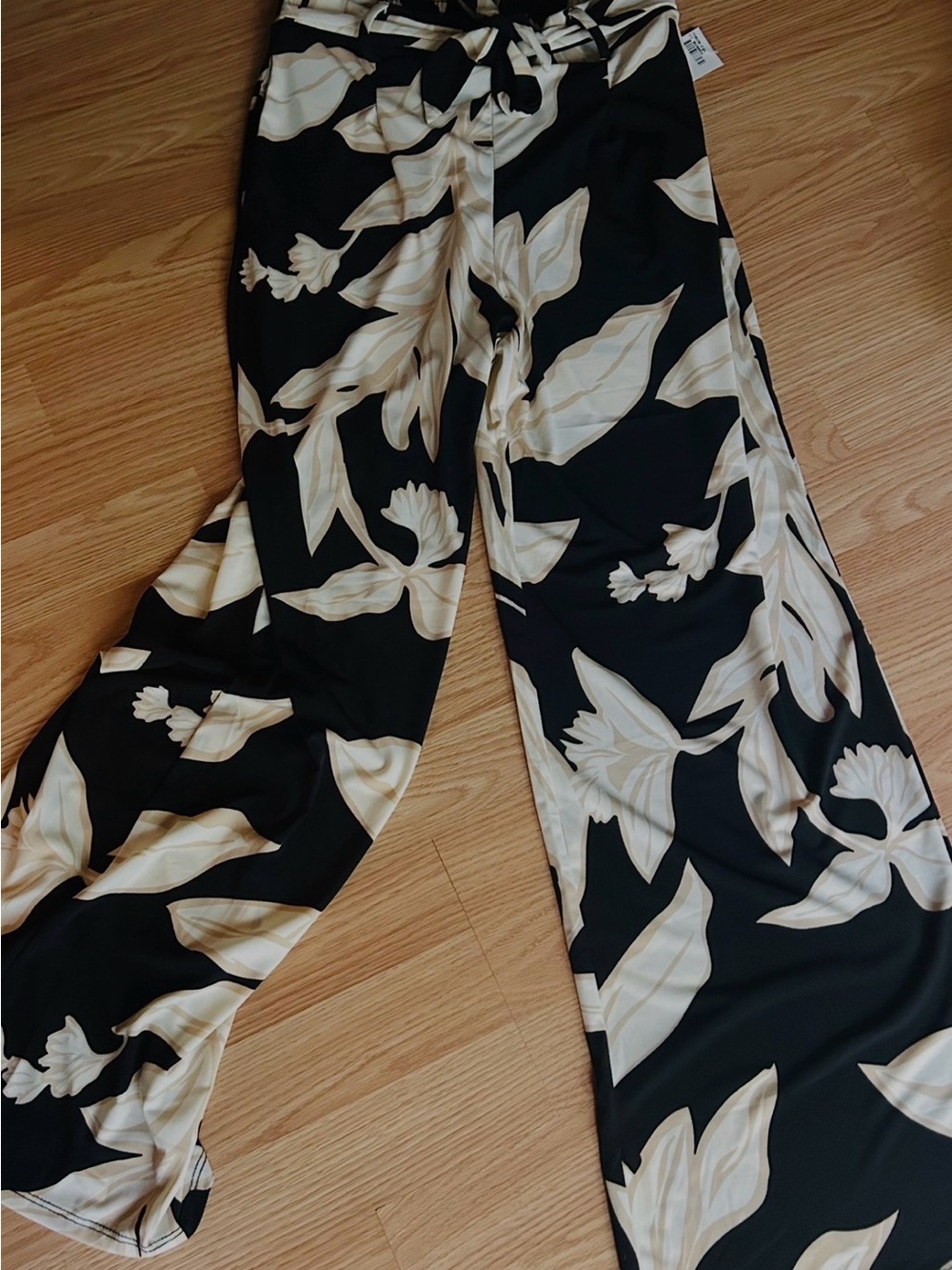 Black Wide-Leg Floral Pants with Cream Print